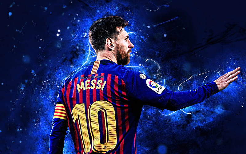 Messi, back view, Barcelona FC, FCB, argentinian footballers, La Liga, Lionel Messi, Barca, Leo Messi, soccer, football stars, neon lights, LaLiga, HD wallpaper
