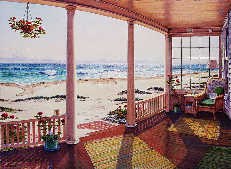 Rag Rug Porch, art, stunning, porch, view, painting, rugs, grand, sea, HD wallpaper