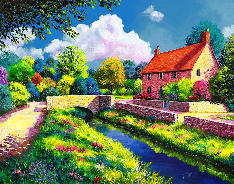 Summer countryside, pretty, colorful, house, cottage, bonito, clouds, countryside, stones, bridge, painting, path, flowers, river, art, creek, sky, trees, freshness, summer, nature, meadow, HD wallpaper