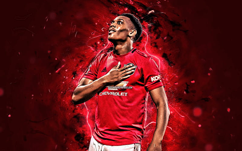 Anthony Martial, goal, Manchester United FC, french footballers, Premier League, football stars, Anthony Jordan Martial, red neon lights, soccer, football, Man United, HD wallpaper