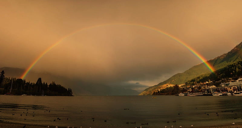 The Rainbow over the Lake, distance, lovely, travel, camera, rainbow, sky, lake, new zealand, graphy, vast sky, air, queenstown, happy morning, awesome, nature, morning, HD wallpaper