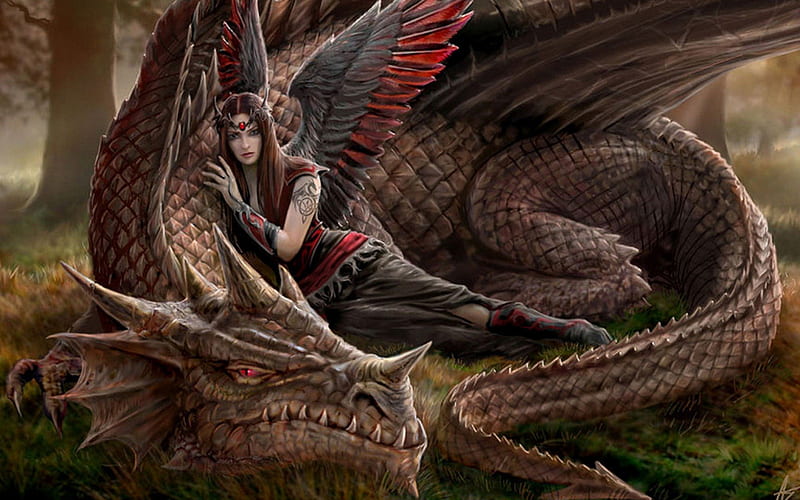 woman with dragon, red, fantasy, woman, dragon, HD wallpaper