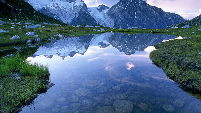 Deep mirror, lakes, sky, stones, water, mountains, nature, reflection, scene, landscape, HD wallpaper
