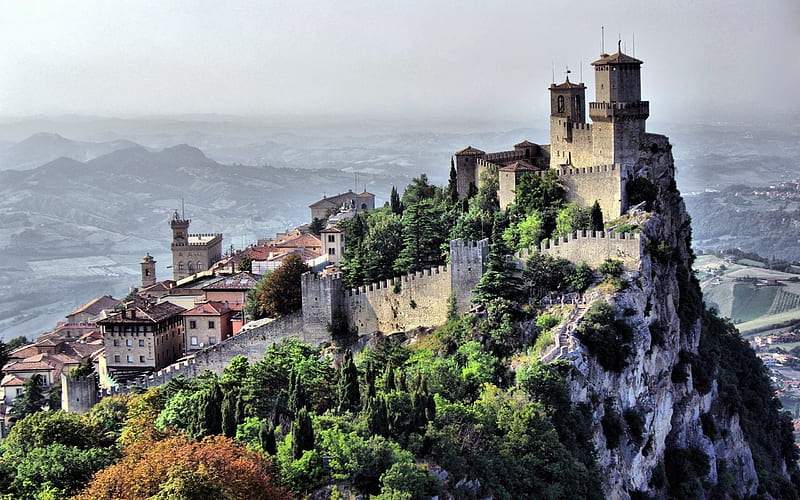 san marino day time, house, towers, trees, castle, wall, HD wallpaper
