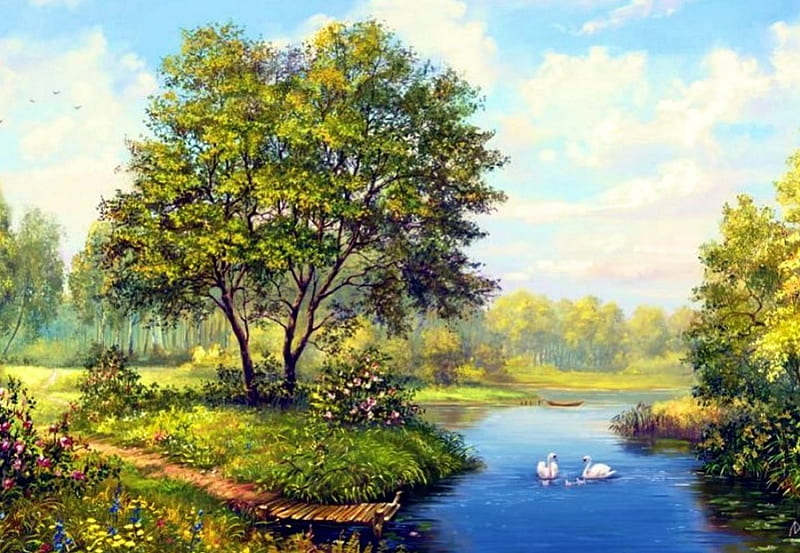 River Landscape, water, painting, flowers, trees, swans, artwork, HD wallpaper