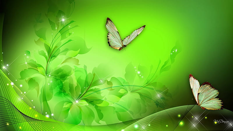 Green Floral Fantasy, flowers, art, Saint Patricks Day, glow, shine, Ireland, Irish, butterflies, abstract, floral, green, papillon, flowers, HD wallpaper