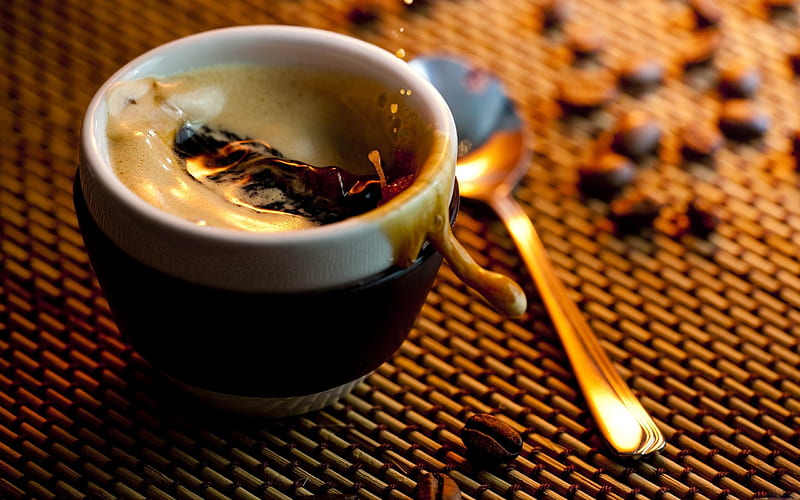grinds coffee cup spoon splashes-food drinks, HD wallpaper