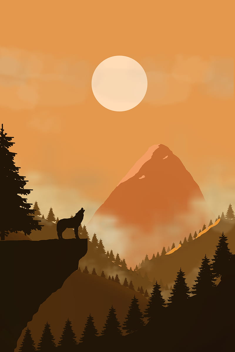 Wolf on the edge, mountain, land, mountains, flat art, HD phone wallpaper