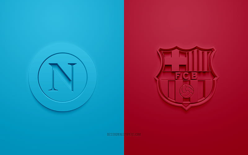 Napoli vs FC Barcelona, UEFA Champions League, 3D logos, promotional materials, blue-burgundy background, Champions League, football match, Napoli, FC Barcelona, HD wallpaper