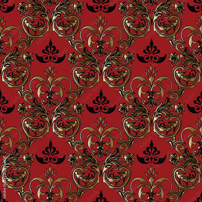 Baroque damask dark red medieval floral vector seamless pattern background illustration with vintage antique decorative baroque gold 3D flowers leaves and ornaments Stock Vector, Red and Black Damask, HD phone wallpaper