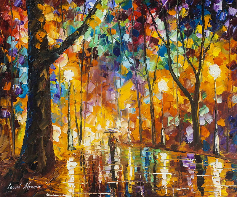 Chilling Memories, Leonid Afremov, Forest, Oil Painting, Canvas, HD wallpaper