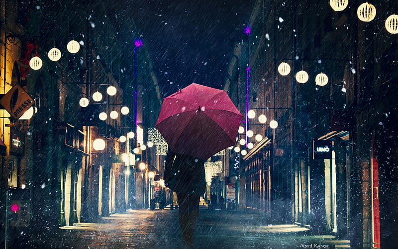 silhouette, umbrella, night city, rain, street, city lights, HD wallpaper