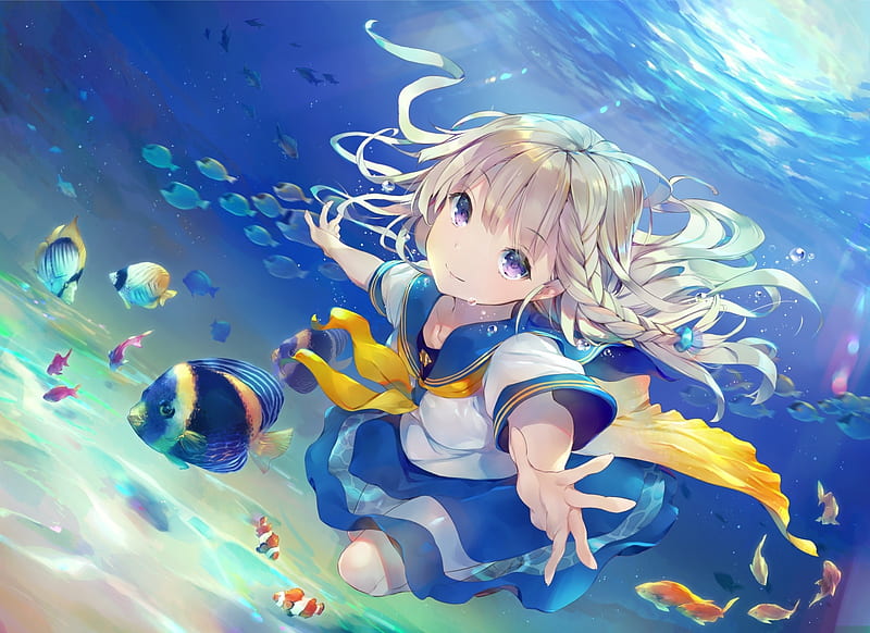 anime girl, underwater, blonde, smiling, fishes, braid, Anime, HD wallpaper