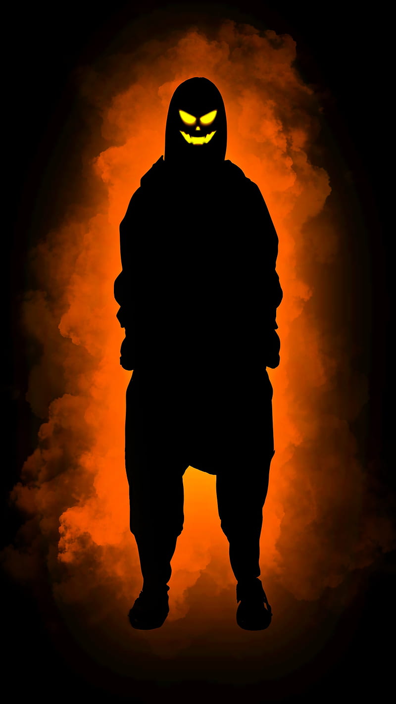 Halloween man, Black yellow, October, Silhouettes, angry, autumn, bright, celebration, cloud, color, colorfull, face, figure, fire, fitm, flame, fog, guy, horror, lightning, magic, mask, neon, orange, party holiday, pumpkin, scary, silhouette, smile, smoke, weekend, HD phone wallpaper