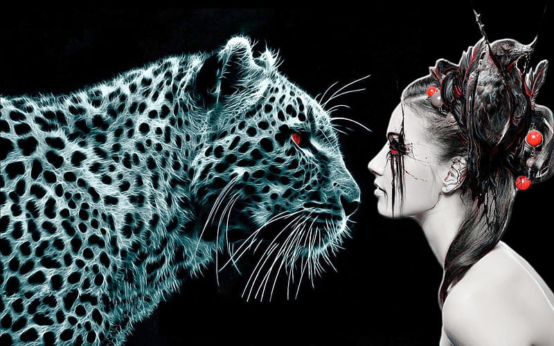 Look Into My Eyes, leopard, raven, black, woman, animal, fantasy, spots, eyes, black hair, HD wallpaper