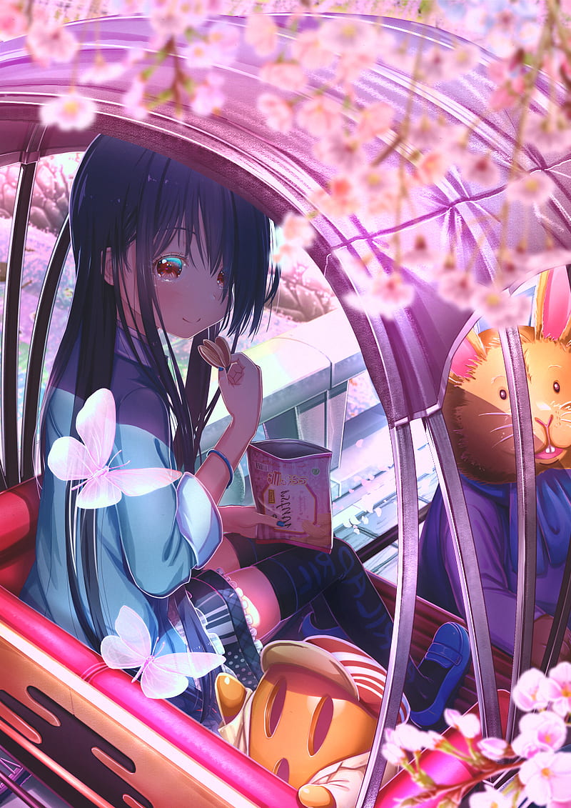 anime, anime girls, original characters, flowers, butterfly, dark hair, spring, HD phone wallpaper