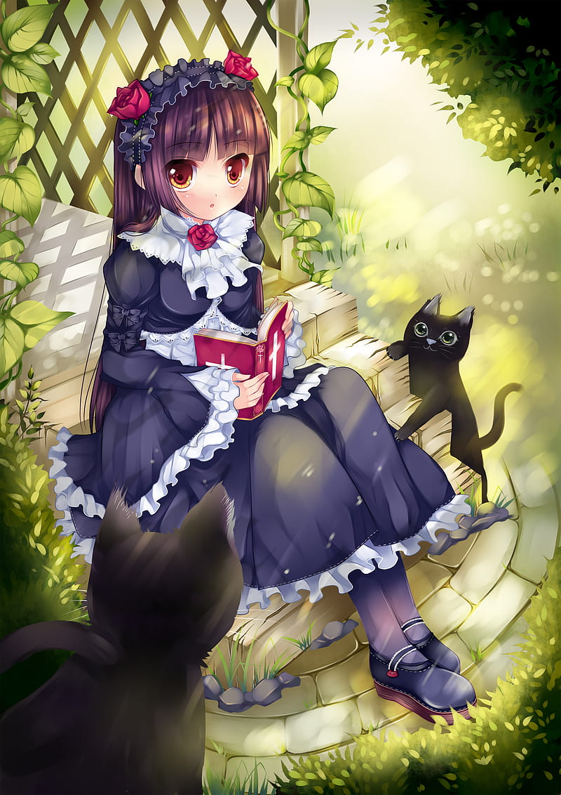 2D, artwork, anime girls, gothic lolita, cats, books, Ore no Imouto ga Konnani Kawaii Wake ga Nai, Gokou Ruri, Usagihime, HD phone wallpaper