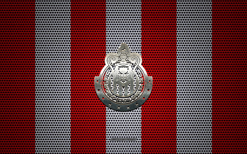 Guadalajara Chivas logo, Mexican football club, metal emblem, red white metal mesh background, CD Guadalajara, Liga MX, Guadalajara, Mexico, football, Club Deportivo Guadalajara, HD wallpaper