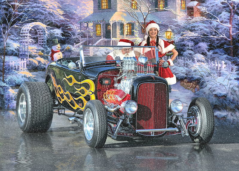 Santa's Hot Rod and Helper, santa, hot rod, christmas, snow, snowman, HD wallpaper