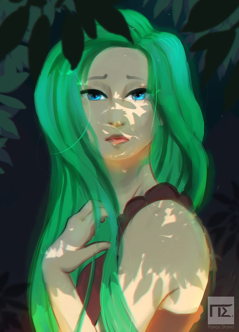 anime, artwork, green hair, wood, women, blue eyes, HD phone wallpaper