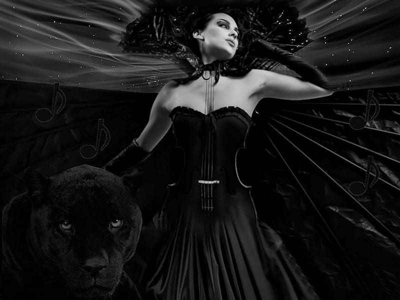 Fantasy Violin Girl with Black Panther , fantasy, violin, girl, gris, black, white, panther, HD wallpaper