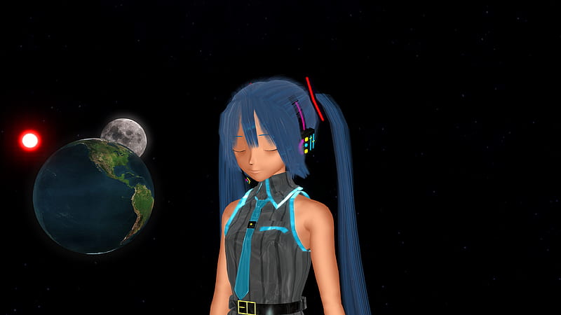 Anime, Vocaloid, Blue Hair, Earth, Hatsune Miku, Moon, Sun, HD wallpaper