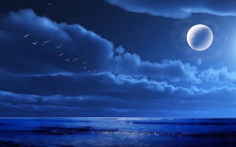 Midnight Moon, water, sky, abstract, blue, HD wallpaper