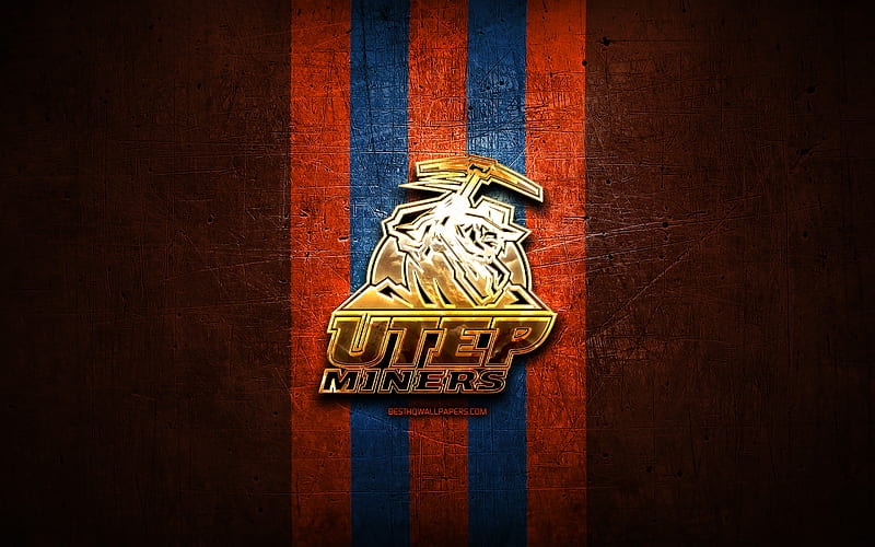 UTEP Miners, golden logo, NCAA, orange metal background, american football club, UTEP Miners logo, american football, USA, HD wallpaper