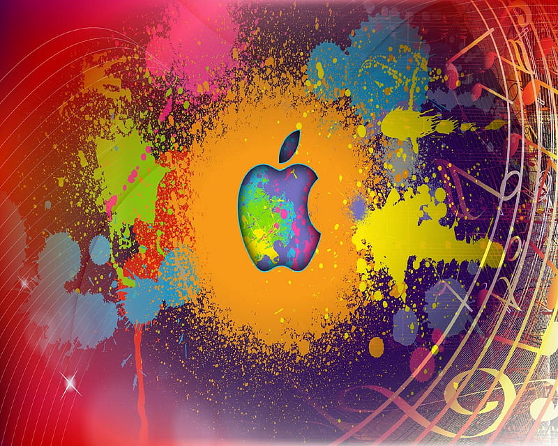 Apple logo, apple, colors, iphne, music, orange, purple, rainbow, HD wallpaper