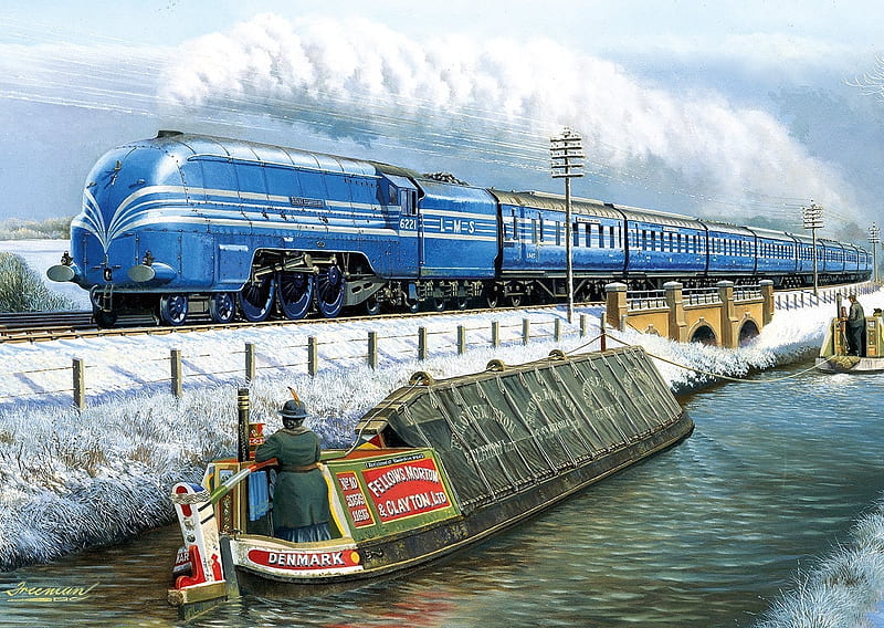 Winter Wayfarers, canal, steam, winter, water, coronation scot, train, snow, barge, vintage, blue, HD wallpaper
