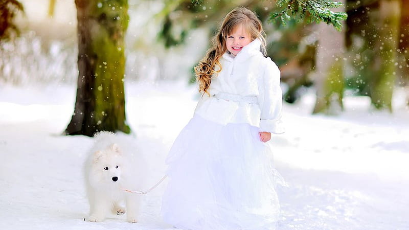 Smiley Cute Little Girl Is Standing With Dog Wearing White Dress In Snow Field Background Cute, HD wallpaper