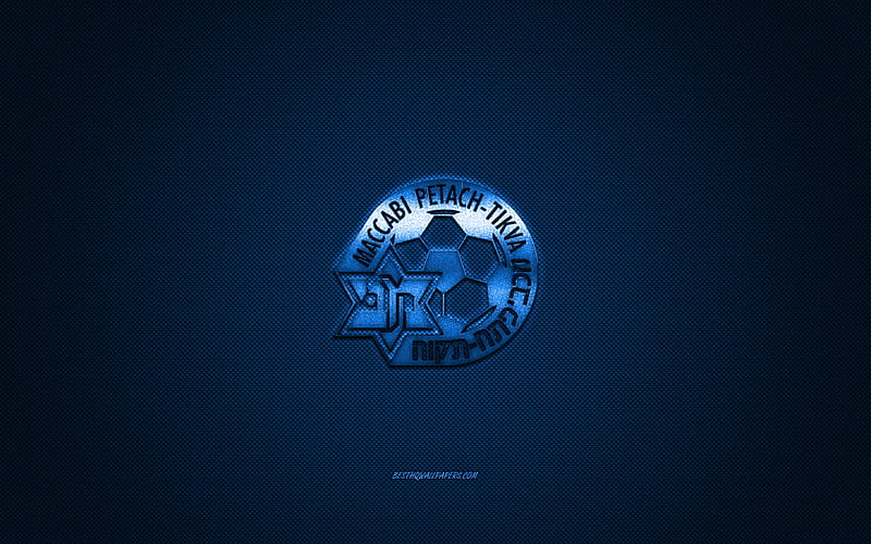 Maccabi Petah Tikva FC, Israeli football club, blue logo, blue carbon fiber background, Israeli Premier League, football, Petah Tikva, Israel, Maccabi Petah Tikva FC logo, HD wallpaper