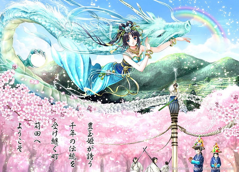 Spring Dragon, sakura, festival, girl, oriental, spring, orginal, dragon, cherry blossom, HD wallpaper