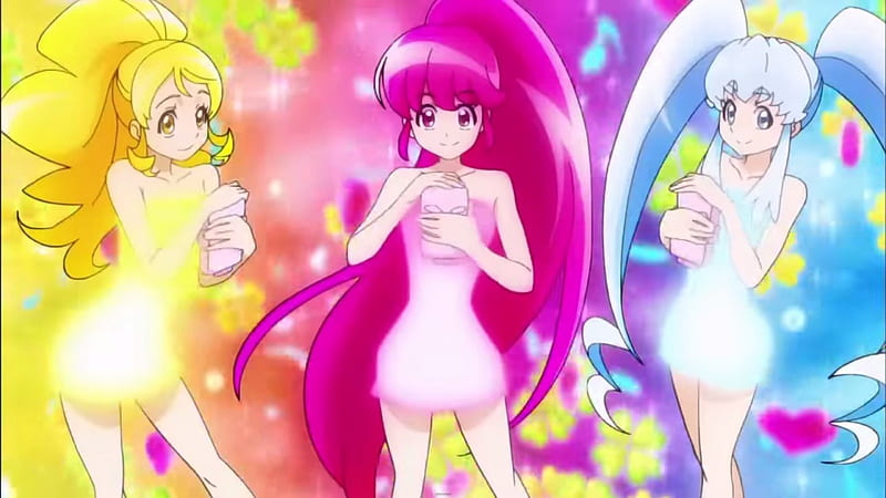 PreCure Rolling Mirror Change!, pretty, glow, blond, bonito, magic, sweet, magical girl, blossom, nice, pretty cure, twin tail, anime, beauty, anime girl, long hair, female, lovely, cure princess, twintail, glowing, blonde, blonde hair, twintails, twin tails, blond hair, cure honey, girl, blue hair, precure, petals, cure lovely, pink hair, HD wallpaper