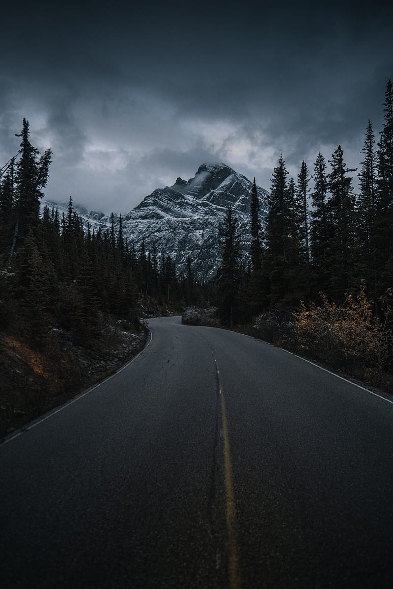 road, mountain, trees, clouds, landscape, HD phone wallpaper