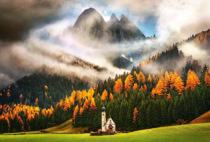 Magic of the Mountains, forest, autumn, colors, church, clouds, mist, HD wallpaper