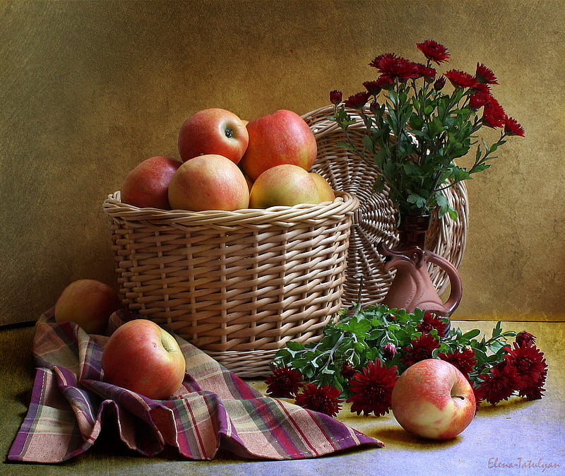 still life, apple, autumn, vase, bonito, fruit, graphy, nice, cool, bouquet, basket, flower, flowers, harmony, HD wallpaper