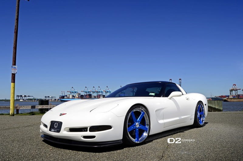 Corvette-C5, White, Blue Rims, Gm, Bowtie, HD wallpaper
