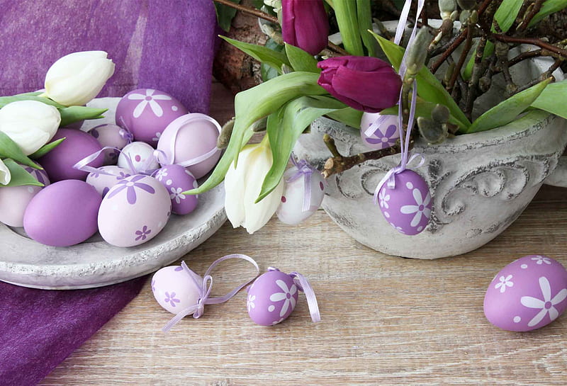 Easter Eggs, Easter, purple, eggs, vase, tulips, ribbons, bows, HD wallpaper