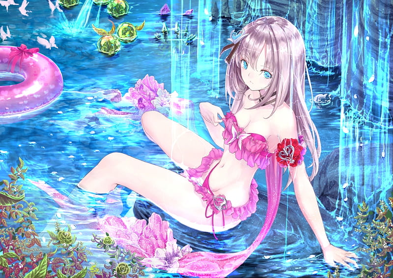 :), vara, girl, anime, manga, summer, himitsu ro, pink, blue, water, HD wallpaper