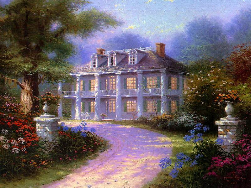 Homestead, driveway, flowers, mansion, setting, landscaping, trees, HD wallpaper