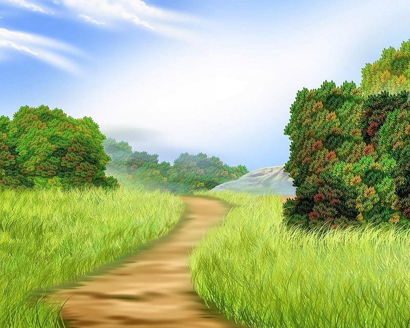 Walking Down the Path, grass, painting, dirt, path, nature, sky, bushes, HD wallpaper