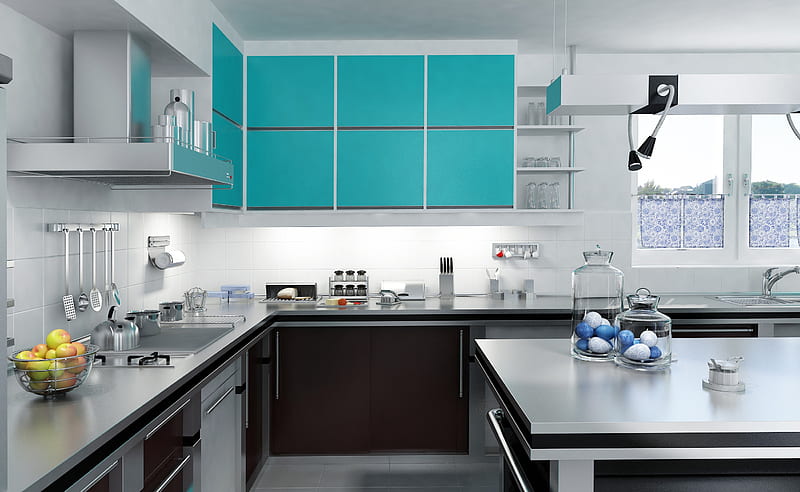 modern kitchen design, blue lockers, kitchen design, modern stylish interior, HD wallpaper
