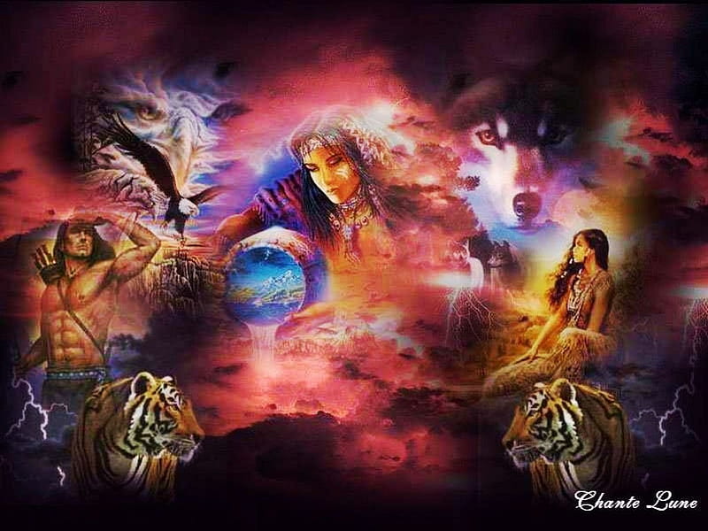 Native American, indian, eagle, tiger, wolf, collage, HD wallpaper