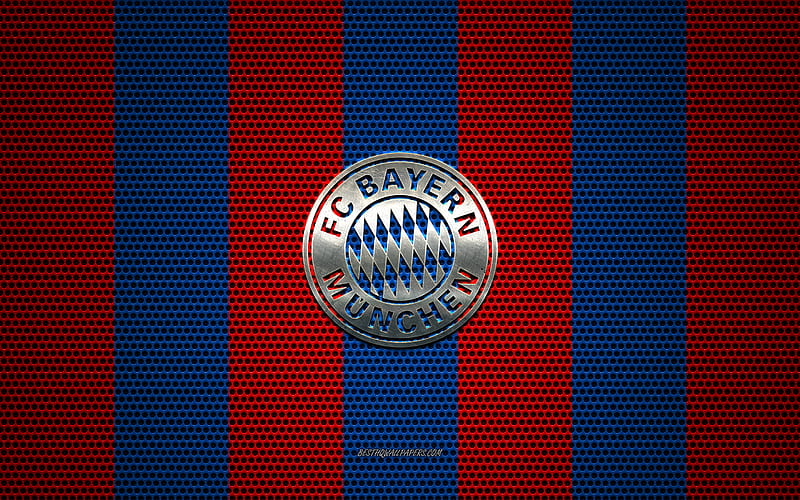 FC Bayern Munich logo, German football club, metal emblem, red-blue metal mesh background, FC Bayern Munich, Bundesliga, Munich, Germany, football, Bayern Munich, HD wallpaper