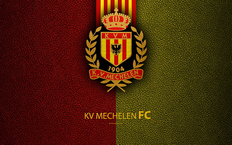 KV Mechelen FC Belgian Football Club, logo, Jupiler Pro League, leather texture, Mechelen, Belgium, Belgian First Division A, football, HD wallpaper