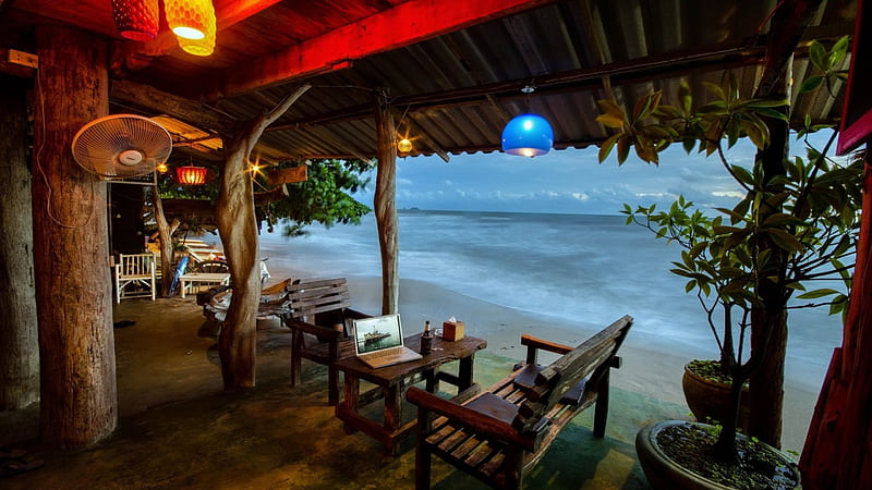 tropical bar right on the beach, beach, bar, chairs, open, lights, sea, HD wallpaper