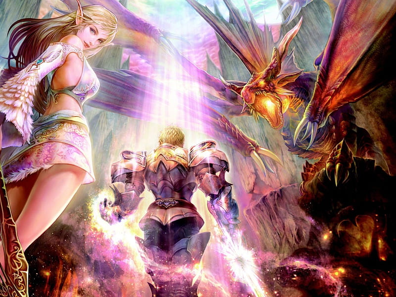 A princess, a knight and a dragon, red, elf, game, dragon, armor, fire, fantasy, princess, pink, knight, HD wallpaper
