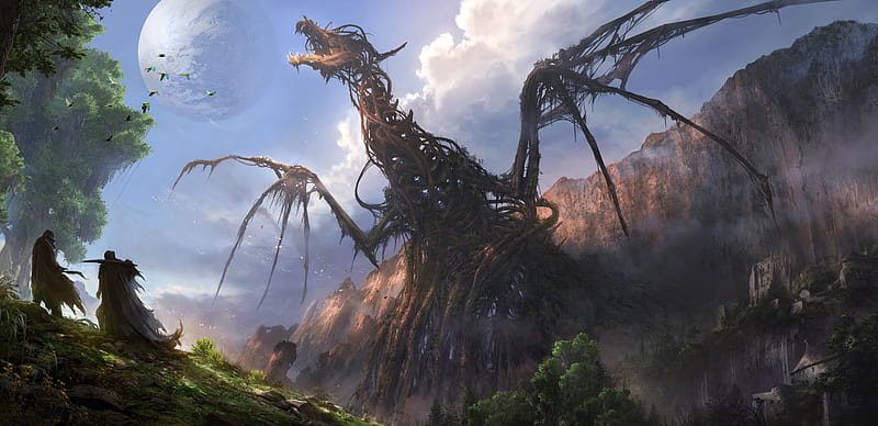 dragon tree, planet, fantasy world, creature, people, Fantasy, HD wallpaper