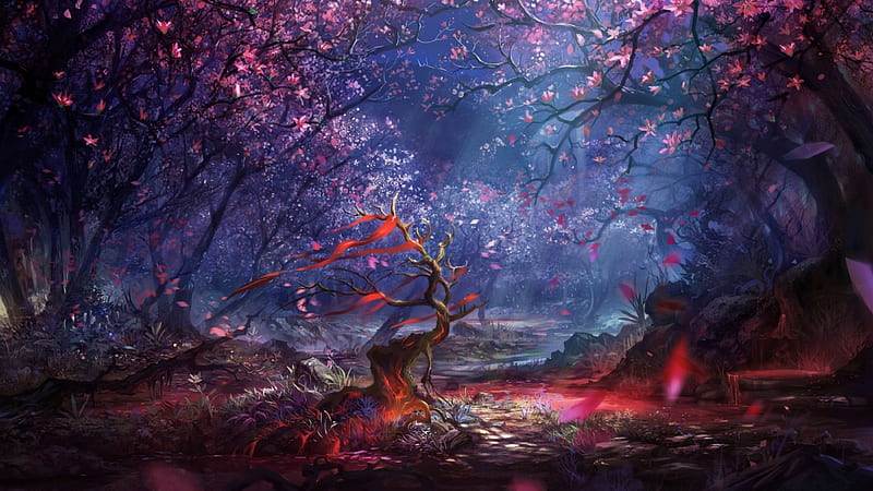 Ruler of the land, sakura, red, art, tree, fantasy, luminos, spring, blue, HD wallpaper